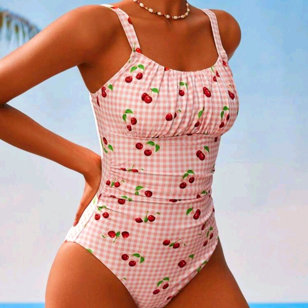 Cherry Print Pink Swimsuit